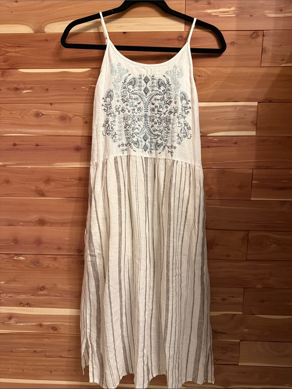 Johnny Was Cream Maxi Dress with Blue Embroidery